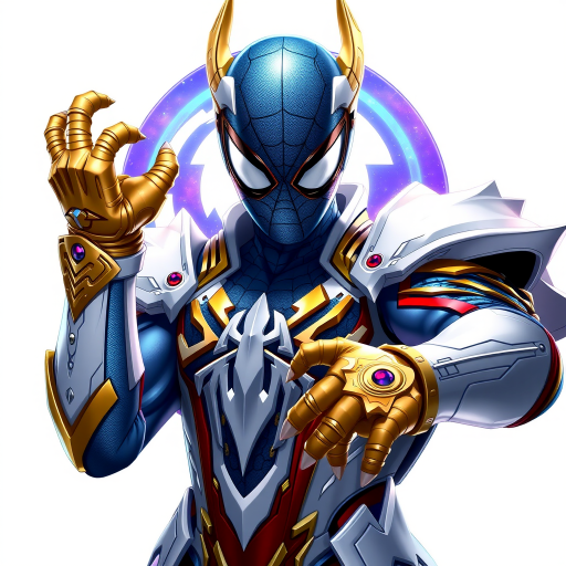 A high-budget, anime-style wallpaper featuring Spiderman in an epic White, blue red Kirin armor. Golden dragon gloves, the gloves is in the shape of dragon heads, Golden dragon head gloves, White glossy eyes, The armor is designed with metallic details that reflect light, showcasing intricate Kirin motifs. Spiderman's armor is a striking gradient of blue, red and white, with Colorful galaxy inner sections, making it look both powerful and sleek. The background is flat white, with Kirin-shaped blue-violet glowing rune relic to give the impression power, striking pose, the Kirin's armor is dominantly in white, with some details in blue and red, Cinematic anime action scene, cinematic action pose, medium shot action portrait, dramatic effect of shadow and light.
