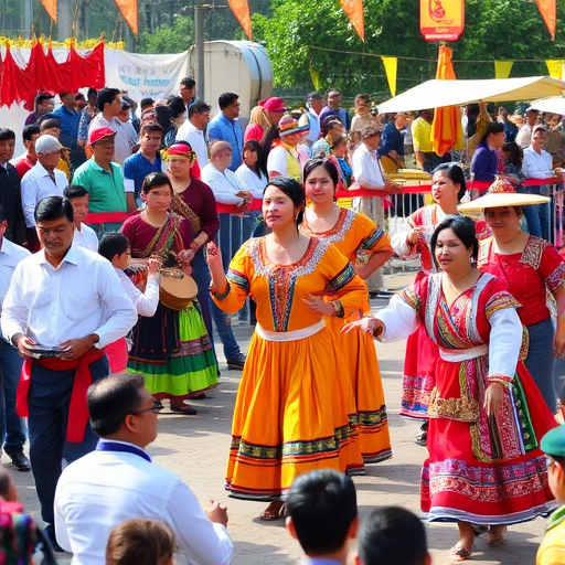 Vibrant cultural festival, with traditional dancers in colorful costumes, musicians playing lively tunes, and people enjoying various cultural activities, creating a sense of community.