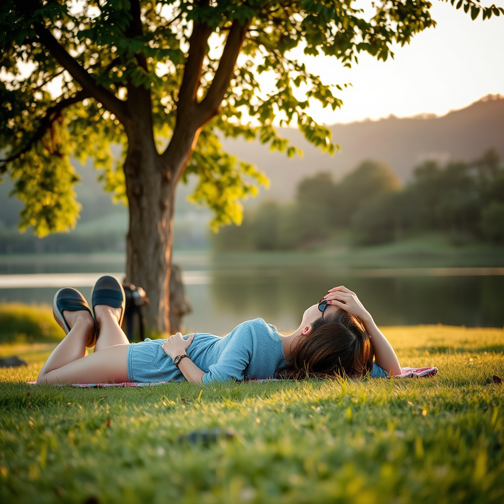 regenerate the image of a woman lying on grass under a tree by a lake, wearing sunglasses and using a phone, captured with a DSLR camera, 50mm lens, f/2.8 aperture, ISO 100, shot during golden hour for soft lighting and enhanced details