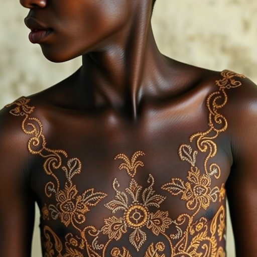 Face, shoulders, chest covered in openwork Creole embroidery. Raw, unedited image.