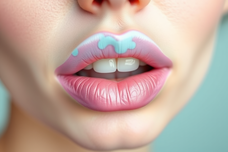 Watercolor-effect pastel lips bloom with artistic beauty in the "Impressionist Dream" style, showcasing a soft blend of pale pink, lavender, and mint hues that seamlessly merge to create a dreamy, painterly effect, perfect for avant-garde fashion shows or creative editorial makeup looks