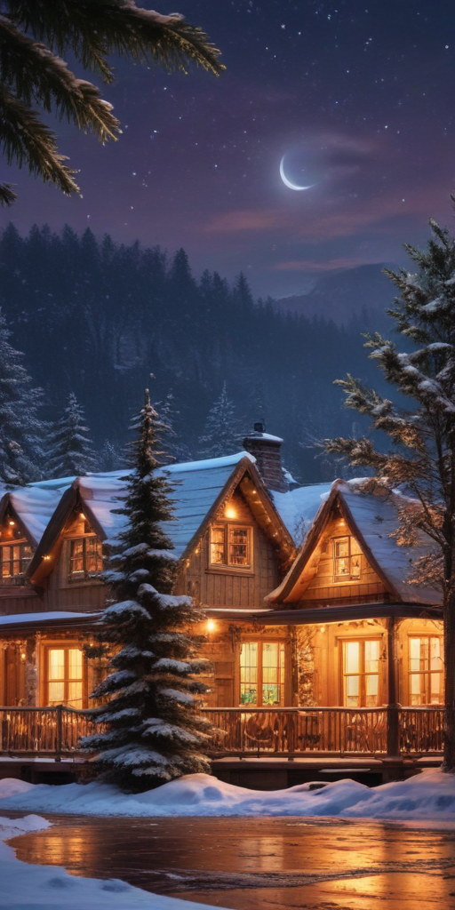 Cozy Winter Cabin Illuminated Under a Starry Night Sky and Moon