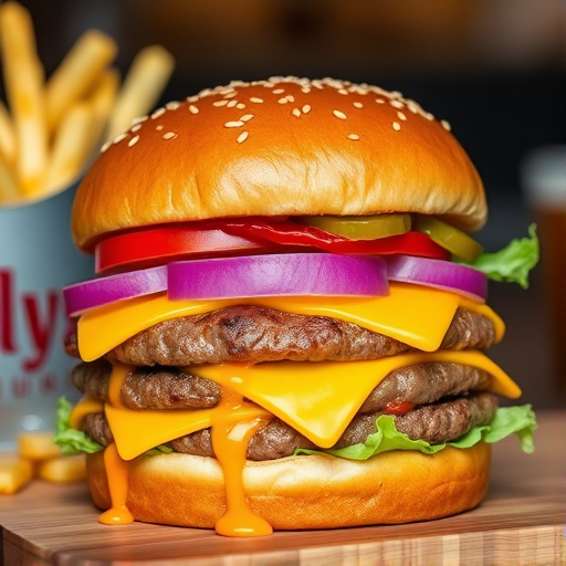 High-resolution, close-up image of a gourmet double cheeseburger. The burger features a glossy, sesame-seed-topped brioche bun. Inside, there are two thick, juicy beef patties, each topped with melted cheddar cheese. The burger is garnished with fresh lettuce, tomato slices, diced onions, and pickles. A generous amount of ketchup and a creamy, orange-colored sauce is dripping down the sides, adding to the mouth-watering appeal. In the background, there are blurred elements including a side of golden French fries and a hint of a beverage, enhancing the overall presentation of a delicious meal.