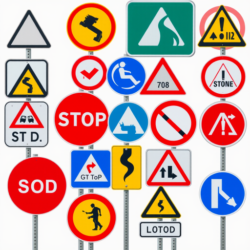 Regenerate a high-resolution image of various road signs including warning signs in a grid layout, using a DSLR camera with a focal length of 50mm, aperture set to f/8, ISO 200, taken from a straight-on perspective with a clean background to enhance visibility and clarity.