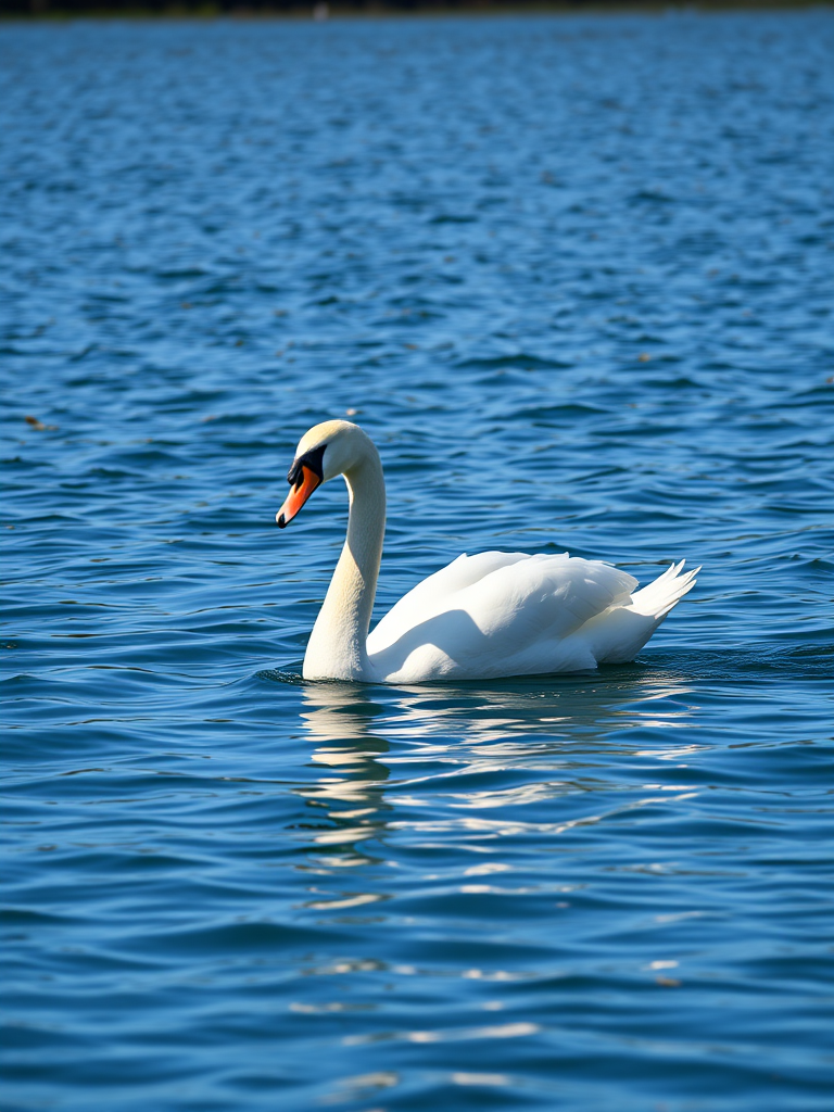 A majestic white swan gracefully gliding across a serene blue lake on a sunny day, photographed with a Canon EOS 5D Mark IV, 85mm f/1.8 lens, aperture f/2.8, ISO 100, shutter speed 1/200, soft natural lighting, shallow depth of field.