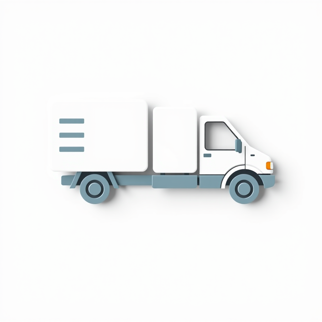 Create a high-resolution image of a simple delivery truck icon with a clean design and minimal colors, using a DSLR camera with a 50mm lens at f/8, ISO 100, and a clean white background for enhanced clarity and focus.