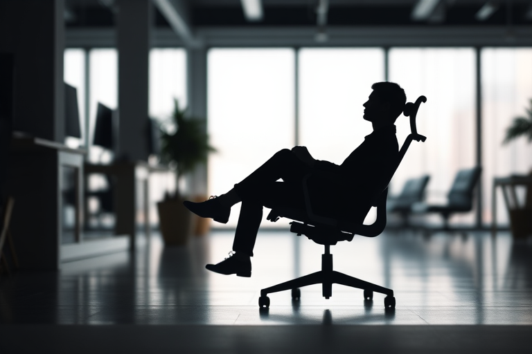 Create a detailed silhouette of a person sitting relaxed in a modern office chair, use a DSLR camera with an aperture of f/2.8, a shutter speed of 1/60s, and ISO 100, in a well-lit indoor setting focused on the subject with a shallow depth of field to enhance background blur.