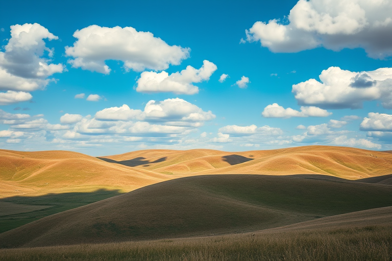 Generate a vibrant landscape scene showcasing rolling hills under a bright blue sky with fluffy clouds, captured with a Canon EOS R5 at f/8, 1/250s, ISO 100, using a wide-angle lens and taken from a low angle to enhance depth.