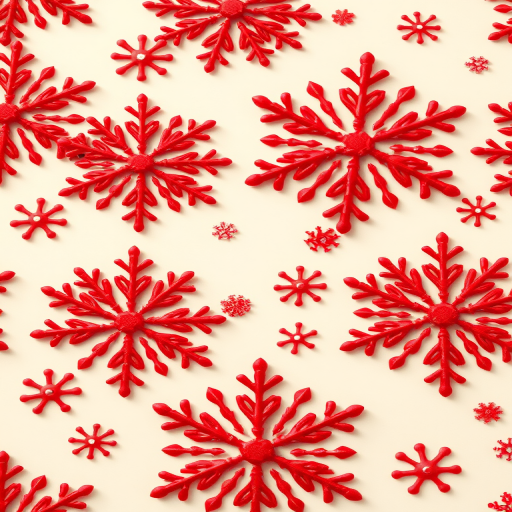 Create a seamless pattern of various red snowflakes on a light cream background, using a macro lens at f/8 for sharp detail, with a wide-angle view and a DSLR camera type to enhance image quality.