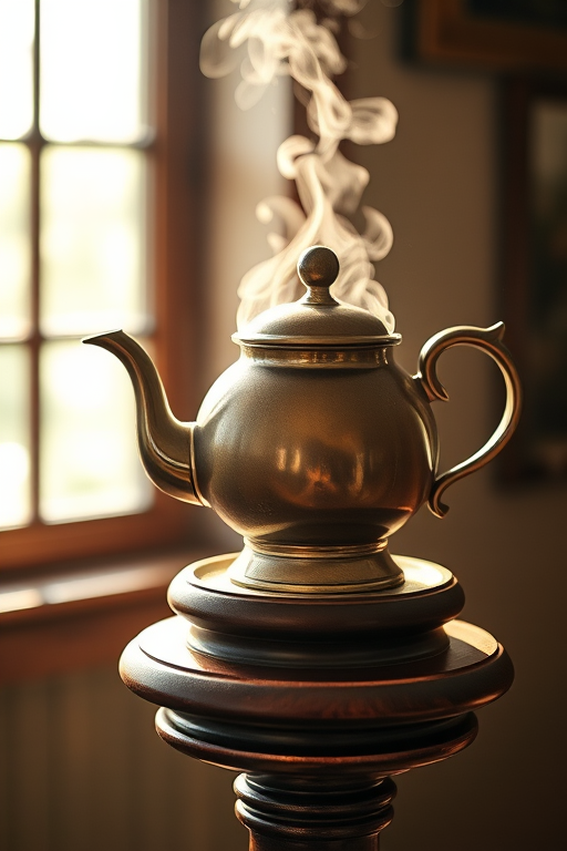a vintage teapot steaming on a wooden pedestal with natural light streaming in from a window, soft focus background, shot with a DSLR camera, 50mm lens, f/1.8 aperture, ISO 200, 1/125 sec shutter speed, taken from a slightly elevated angle to capture details and ambiance.