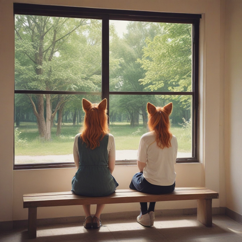 A woman with cute fox ears sitting on a bench looking out a window ...