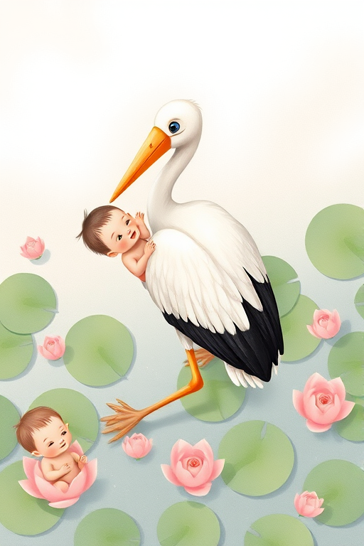 Create a whimsical illustration of a stork carrying a baby on its back, surrounded by lily pads with cherubic infants, soft pastel colors, gentle texture, high-resolution digital art, camera settings: f/8 aperture, ISO 100, 24mm lens, top-down view, soft focus effect to enhance charm and warmth.