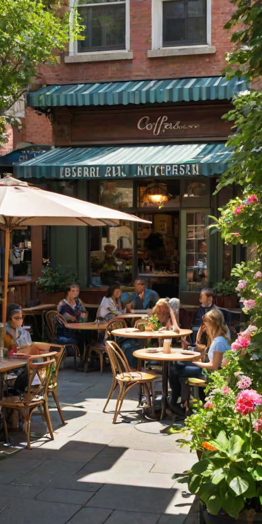 Charming cafepatio, with patrons enjoying coffee and pastries, plants and flowers adding vibrancy, and sunlight casting dappled shadows on the tables, creating an inviting scene.