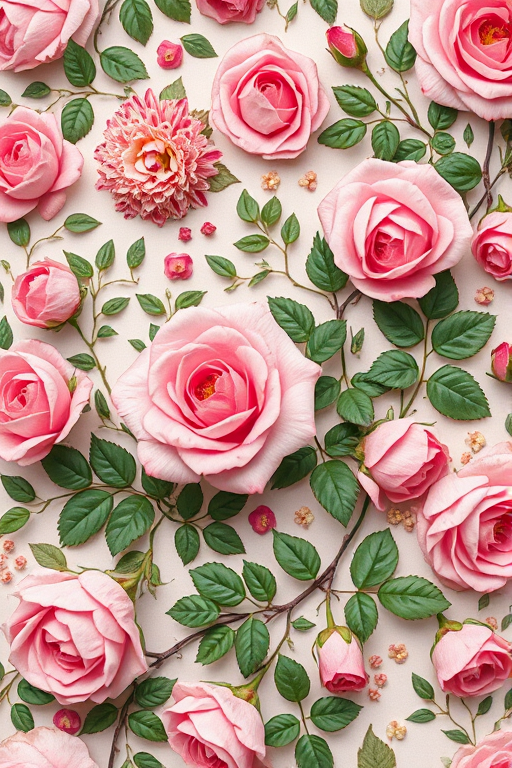 Floral vintage pattern with pink roses and green vines, soft focus, high-resolution, shot with a Canon EOS R5, 50mm lens, f/2.8 aperture, natural light, top-down view.