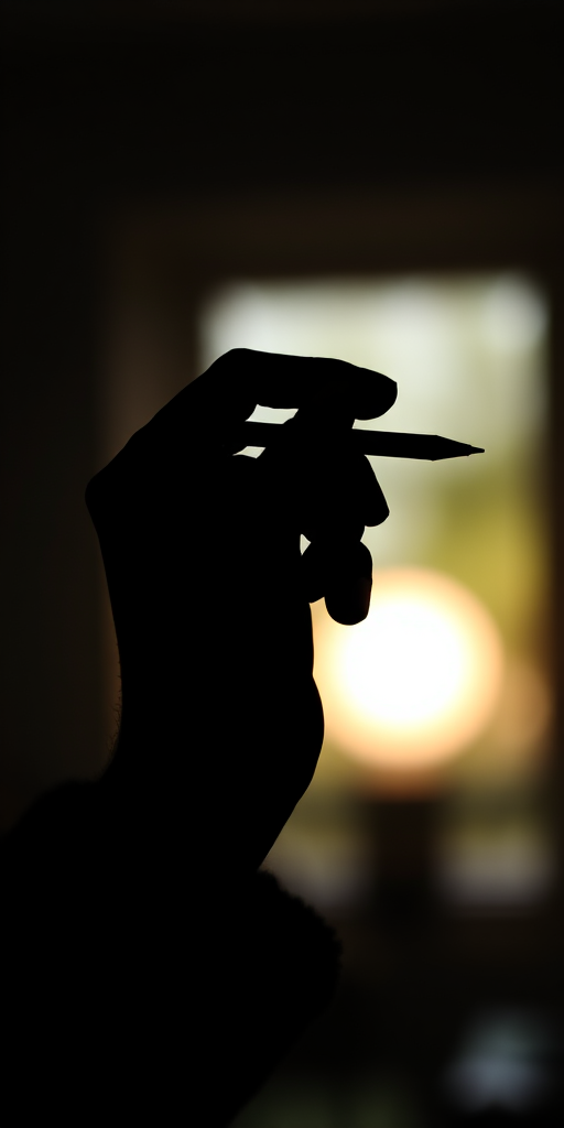Generate a high-quality image of a stylized black silhouette of a hand holding a pencil, captured with a Canon EOS R5 at f/2.8, ISO 100, 1/200 sec, in a close-up view with soft lighting and a slightly blurred background.