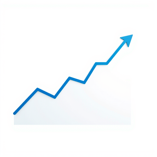 Create a high-resolution digital illustration of a blue and grey upward-trending line graph on a clean white background, use a Canon EOS R5 camera with a 50mm f/1.2 lens, apply a shallow depth of field, ensure natural lighting for clarity and sharpness.