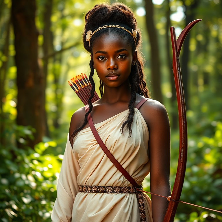 Create a portrait of a goddess-like Kikuyu girl figure in a tranquil, forested environment. She has an elegant appearance with long, wavy hair styled in an updo and adorned with a delicate, floral headband. She wears a flowing, ancient Greek-inspired gown in a soft, pale color, featuring a one-shoulder design and draped fabric that accentuates her graceful form. The outfit includes a decorative belt with ornate gold detailing, and she holds a bow in her hand, with a quiver of arrows slung over her shoulder. The background depicts lush greenery, with sunlight filtering through the trees, casting a gentle, ethereal light on the scene. Her expression is calm and contemplative, embodying a sense of wisdom and serenity.