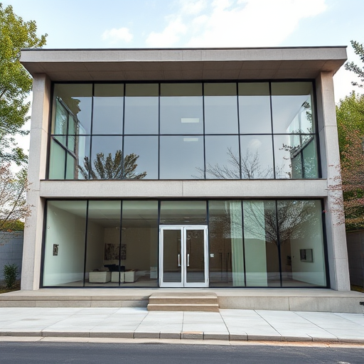 modern two-story building exterior with large glass windows and a minimalist design, shot with a Canon EOS R5, 24mm lens, aperture f/8, ISO 100, natural lighting, wide-angle view