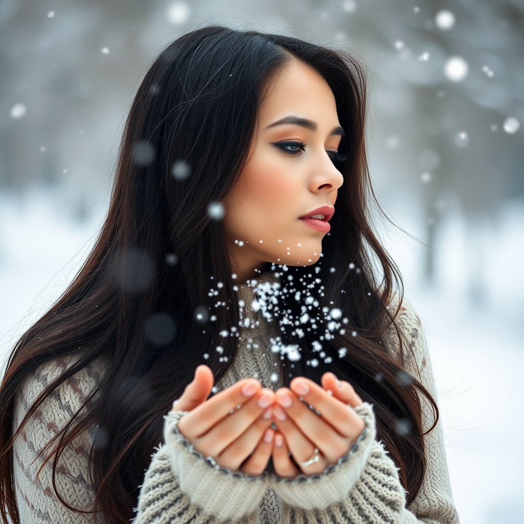 Create a serene portrait of a young woman with long dark hair in profile, gently blowing snowflakes from her hands, a soft winter background with falling snow, using a Canon EOS R6, 50mm f/1.4 lens, ISO 100, aperture f/2.8, and a soft-focus style to enhance the dreamy quality of the scene.
