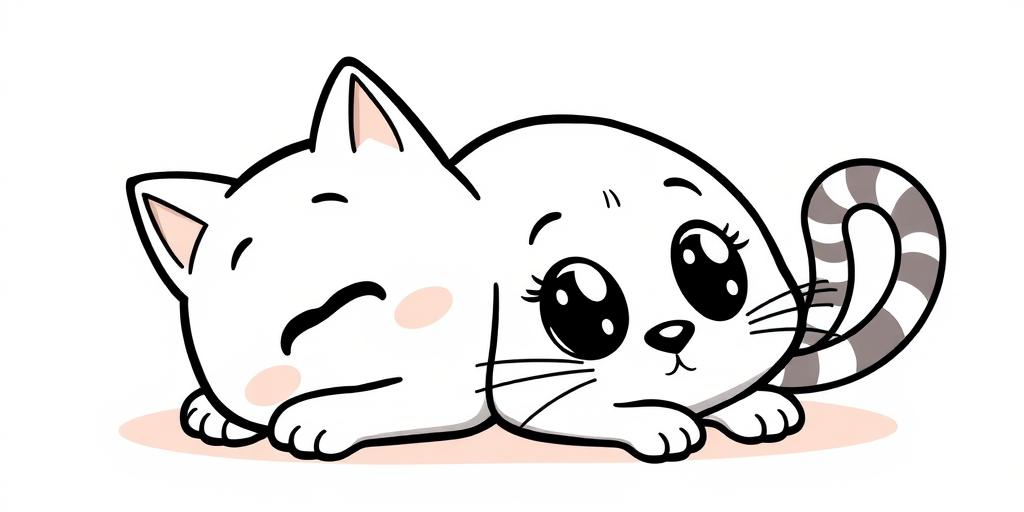 Create a cute cartoon cat lying on its stomach with large expressive eyes and a round body. The cat should have a striped tail and a playful expression, drawn in a simple black outline style on a textured light background.