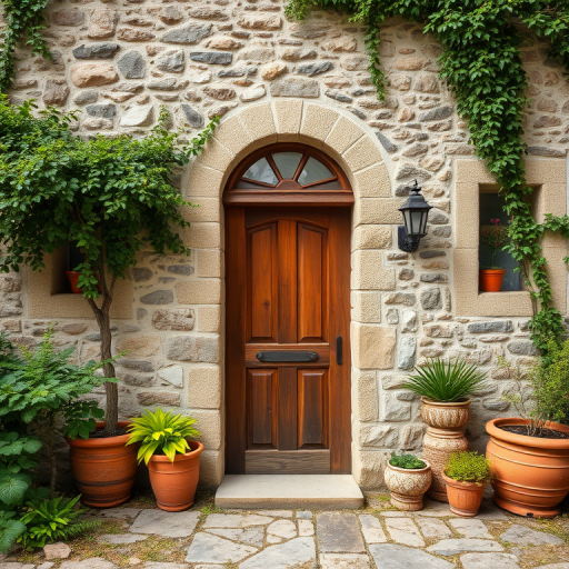 Regenerate a high-resolution image of a rustic stone house with a wooden door framed by greenery and potted plants, shot with a Canon EOS 5D Mark IV, 24mm lens, f/9 aperture, ISO 100, HDR style, slightly elevated view to capture the entrance and surrounding details.