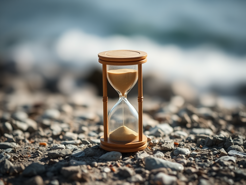 hourglass on a rocky surface with a blurred background, shallow depth of field, aperture f/2.8, ISO 100, shutter speed 1/200s, DSLR camera, 50mm lens, natural lighting