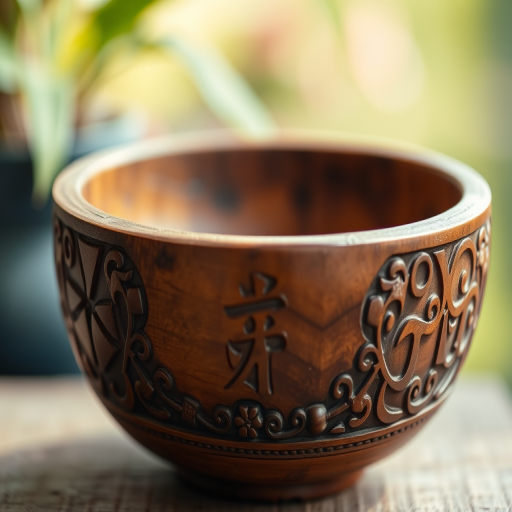 Regenerate an image of a wooden bowl with intricate carvings and symbols, soft focus background, macro view, aperture f/2.8, ISO 100, 50mm lens, natural light, with a warm green tint.