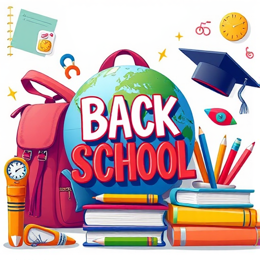 Colorful illustration of back to school theme featuring a globe, backpack, books, graduation cap, and stationery items, captured with a Canon EOS 5D Mark IV, 50mm lens, f/1.8 aperture, ISO 100, shot from a slightly elevated angle for dynamic perspective, using vibrant colors and sharp details to enhance image quality.