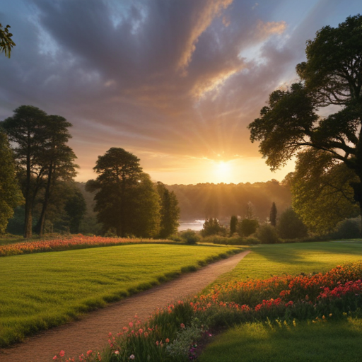A Serene Sunrise Over a Lush Green Landscape with Colorful Flowers.