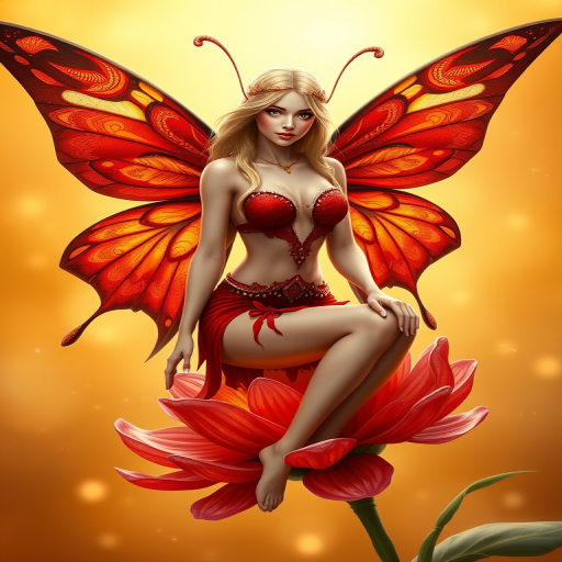 A digital artwork features a winged fairy with delicate Scarlet butterfly wings, adorned with intricate Kiwi andOrange patterns. She is seated on a vibrant Charcoal flower, wearing a revealing red two-piece outfit with sparkling beadwork. Her fair skin, long blonde hair, and gold jewelry add to her ethereal appearance. The background is a warm, golden gradient, creating a magical atmosphere. Small glowing orbs and sparkles surround the flower, enhancing the enchanting, highly detailed, and realistic scene.