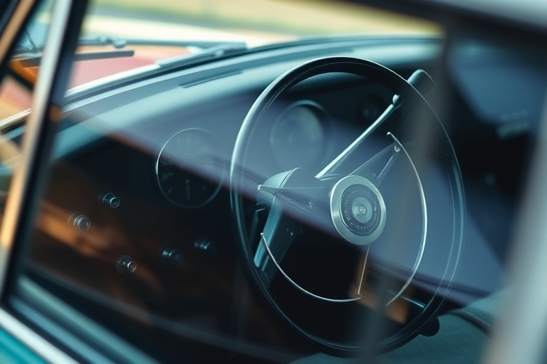 Capture a detailed close-up of a vintage car interior focusing on the steering wheel and dashboard, with shallow depth of field, using a Canon EOS R5, 50mm lens at f/1.8, ISO 100, shot in natural light to enhance textures and reflections.