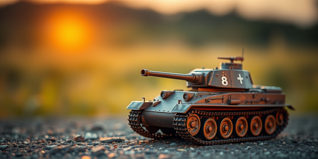 Create a highly detailed close-up shot of a vintage military tank model on a textured surface with a blurred natural background during golden hour, using a DSLR camera set at f/2.8 aperture, 1/250 shutter speed, ISO 200, with a 35mm lens to enhance depth of field and sharpen focus on the tank.
