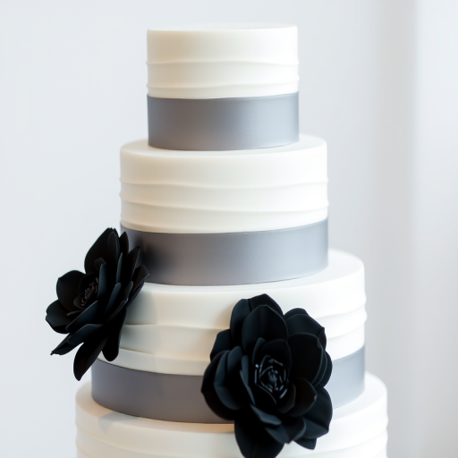 Create a 3-tiered wedding cake with smooth white icing, adorned with elegant gray ribbons and large black flowers, captured in high resolution using a DSLR camera, 50mm lens, f/2.8 aperture, 1/250 sec shutter speed, with a soft focus background to enhance the cake's details.
