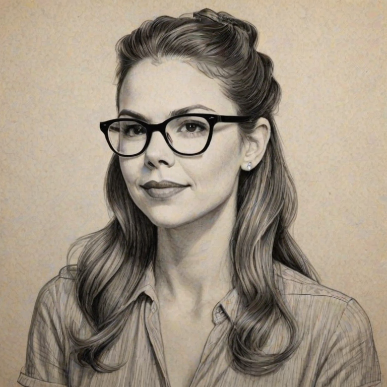 Ravishing Sutton Foster, pencil sketch, portrait of Appealing woman 1945s in glasses, hair style beatnik, outline, clear lines, fine lines, 8k