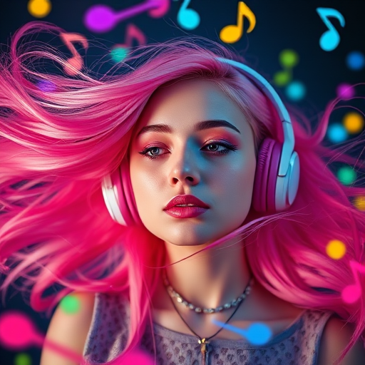 Create a vibrant and dynamic portrait of a young woman with flowing pink hair and headphones, surrounded by colorful musical notes and swirling lights, shot in soft focus with a DSLR camera at 50mm, f/1.8, ISO 200, and a low angle for dramatic effect.