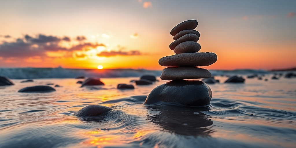 Regenerate an image of balanced rocks at the beach during sunset with soft waves in the foreground, using a Canon EOS R5 with a 24-70mm lens, f/8 aperture, ISO 100, 1/200 sec, shot from a low angle, with HDR processing for better dynamic range and color saturation.