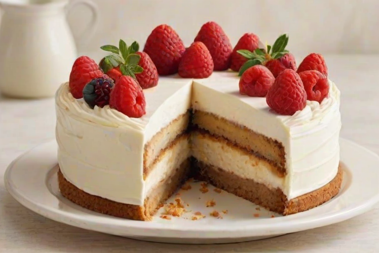 Create an image of a layered dessert with three distinct layers in a round cake form. The bottom layer should be a creamy white filling, the middle layer a light brown, and the top layer a fluffy white topping. The cake should have a textured, golden brown crust. Display a slice of the cake on a simple plate alongside the whole cake and a couple of additional slices. The background should be subtle and not distracting.