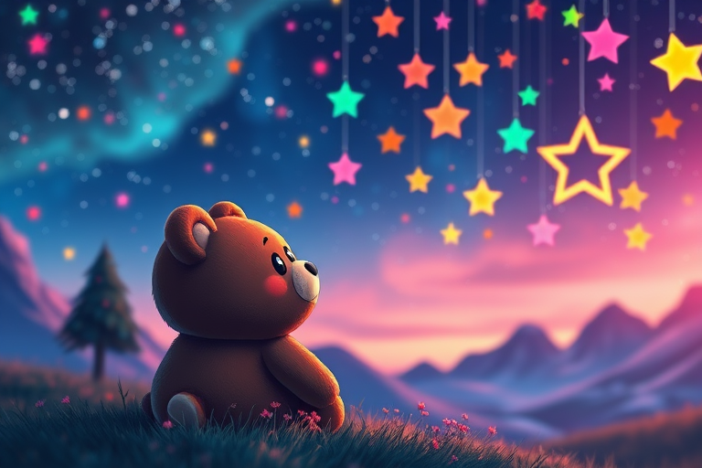 fantasy landscape with a cute cartoon bear looking at colorful stars hanging in a night sky, vibrant colors, dreamy atmosphere, soft focus, DSLR camera, f/1.8 aperture, ISO 200, 50mm lens, wide-angle view, shot at dusk