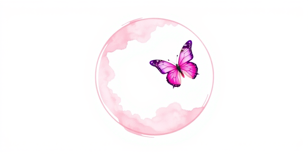 Create an image featuring a circular frame with a watercolor effect in soft pink hues. Incorporate two butterflies, one pink and one purple, positioned gracefully near the top of the circle. The background should be white to emphasize the colors and design elements.