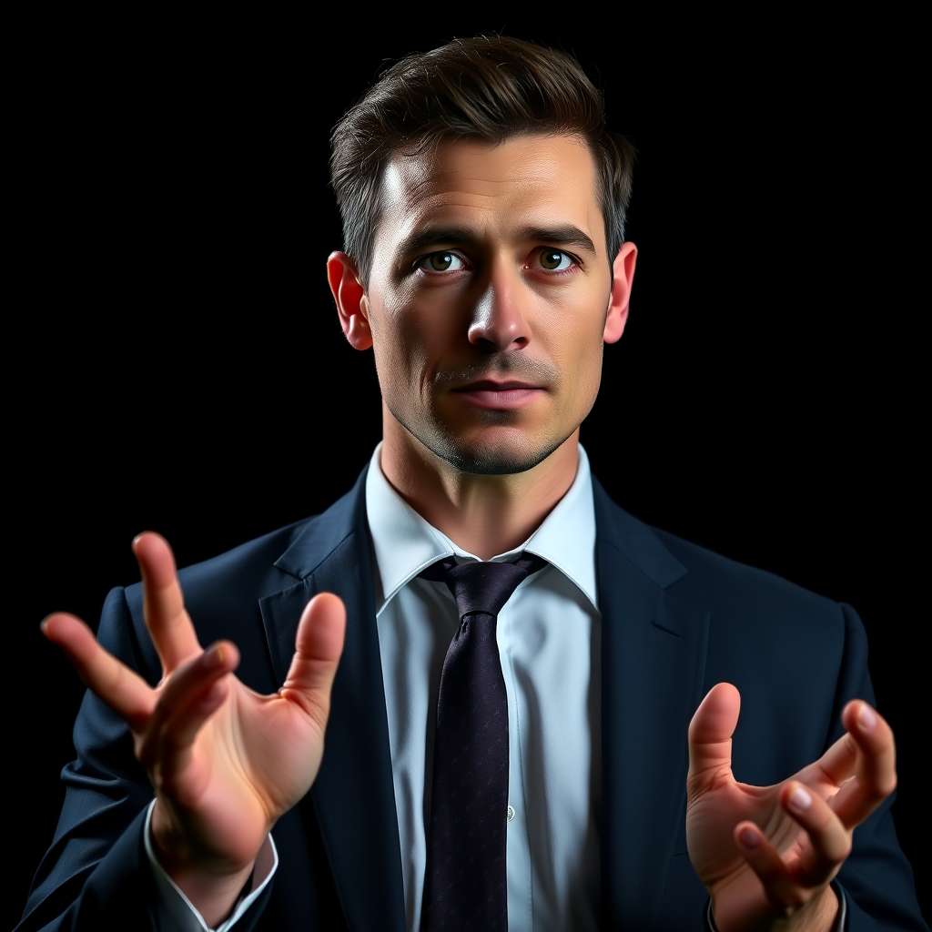 portrait of a man in a suit with prominent hands gesturing, dark background, dramatic lighting, Canon EOS R5, 50mm lens, f/1.8, ISO 100, 1/125s, focused on facial details