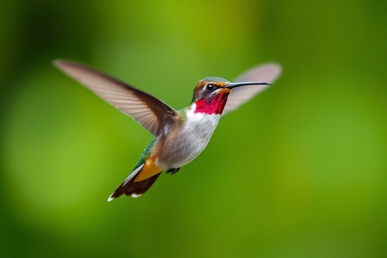 capture a high-speed shot of a hummingbird in mid-flight with a blurred green background, using a DSLR camera with a 300mm lens, aperture set to f/4 for a shallow depth of field, ISO 800 for low-light conditions, and a shutter speed of 1/2000 seconds to freeze motion