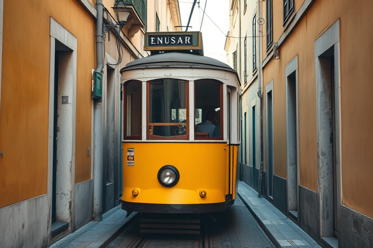 Regenerate the image of a yellow tram in a narrow Lisbon street, captured with a DSLR camera, 24mm lens, f/8 aperture, ISO 200, taken from a low angle perspective to enhance depth, using natural lighting for vibrant colors.