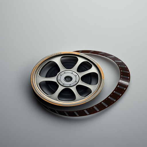 Create a high-resolution image of a vintage film reel and film strip on a sleek gray background, with soft lighting to enhance the textures, captured with a DSLR camera at f/2.8, ISO 100, and a 50mm lens, using a macro view to highlight details.