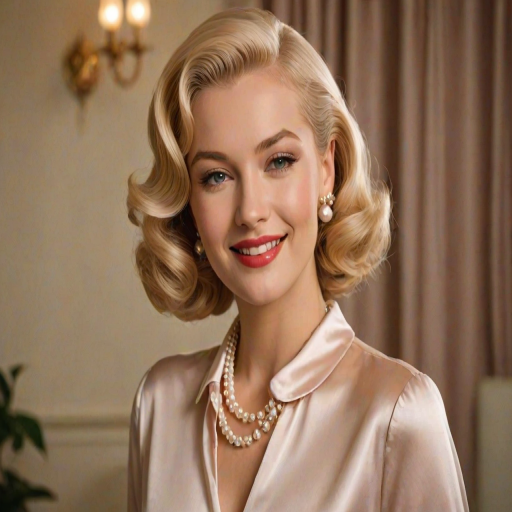 A beautiful woman reminiscent of 1950s Hollywood glamour, with perfectly styled blonde hair and a seductive smile, dressed in a satin blouse and adorned with pearls, soft and warm tones, photorealistic, 8K