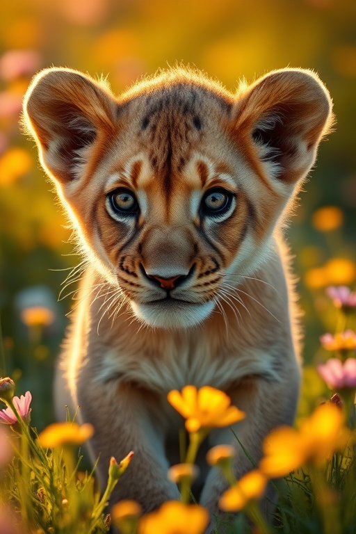 Create a highly detailed close-up of a lion cub with expressive eyes and soft fur in a vibrant, sunny meadow filled with flowers, using a DSLR camera with a 50mm lens, f/1.8 aperture, ISO 100, and a warm sunset glow.