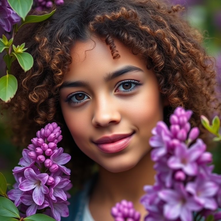 Create a close-up portrait of a young woman with natural, curly hair, surrounded by vibrant purple lilacs, soft-focus background, shallow depth of field, ISO 100, aperture f/1.8, 85mm lens, natural light, DSLR camera.