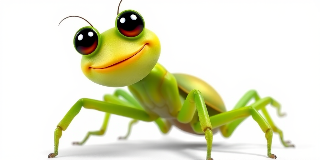 Create a vibrant cartoon-style image of a green spider with a large smile, positioned in a playful pose on a white background, captured with a DSLR camera, 50mm lens, f/2.8 aperture, ISO 200, in natural light to enhance color saturation and detail.