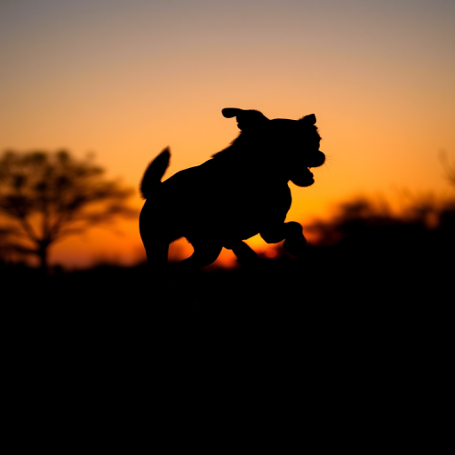 Create a high-resolution silhouette of a running dog against a sunset background, captured with a DSLR camera at f/8 aperture, 1/500 shutter speed, ISO 400, shot from a low angle to enhance the subject's prominence, using a telephoto lens for depth and clarity.