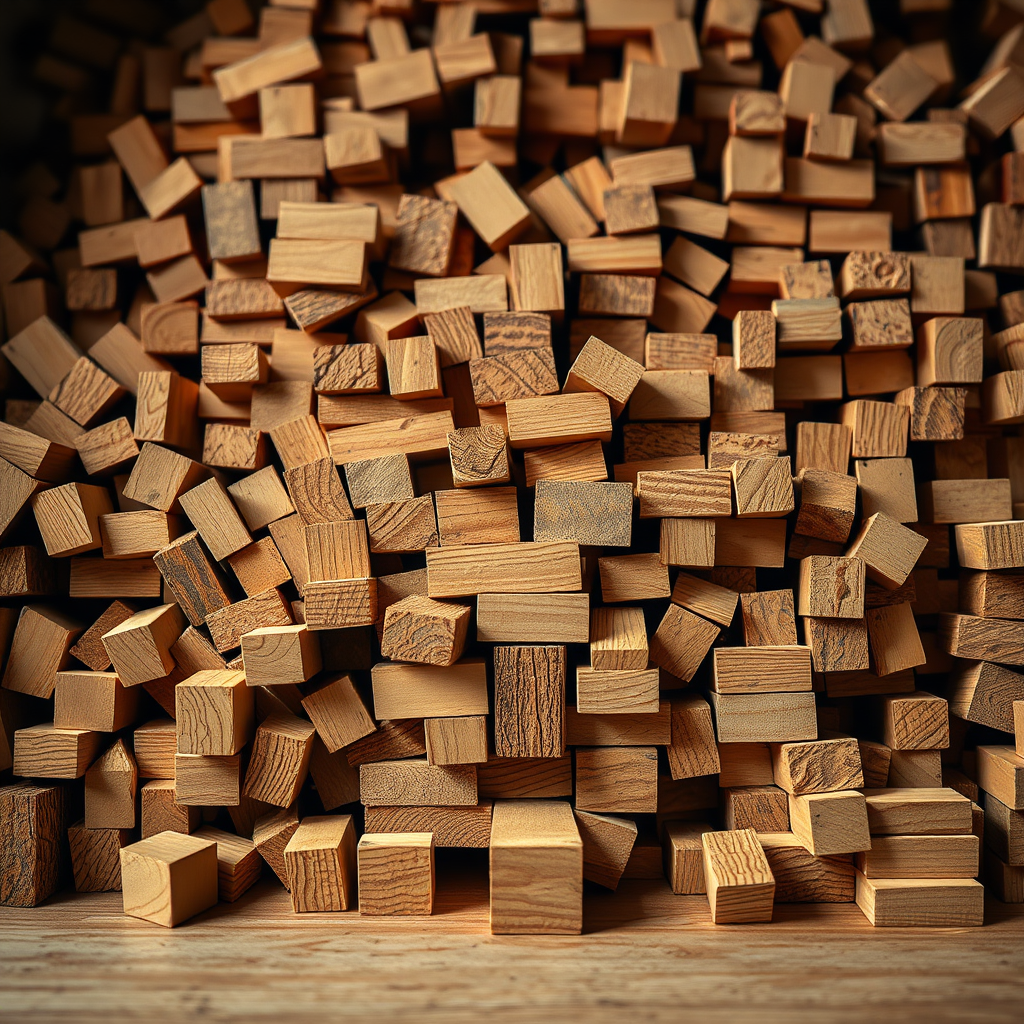 Create a highly detailed image of a large pile of wooden cubes stacked messily, using a Canon EOS R5, 50mm lens, f/2.8 aperture, ISO 100, with a soft focus background and bright, even lighting to enhance the textures and colors of the wood.