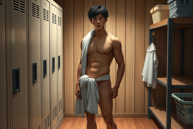 locker, wooden floor, shelf, clothes basket, towel, 1boy, standing, japanese man, cowboy shot, bare chest, shirtless, white towel around waist, half body shot, looking at viewer
